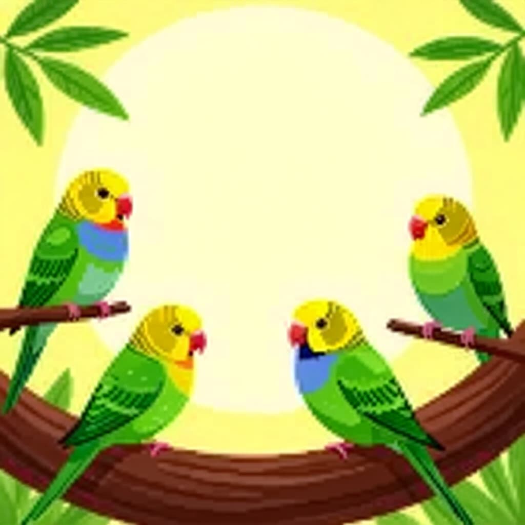 AI generated birds: picture about bird care. picture style: comic birds socializing multiple grassparakeets s m, high qu