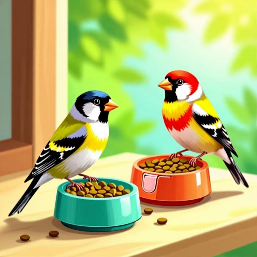 AI generated finch: picture about bird care. picture style: comic finch timed food dispensers s m, high quality, detaile