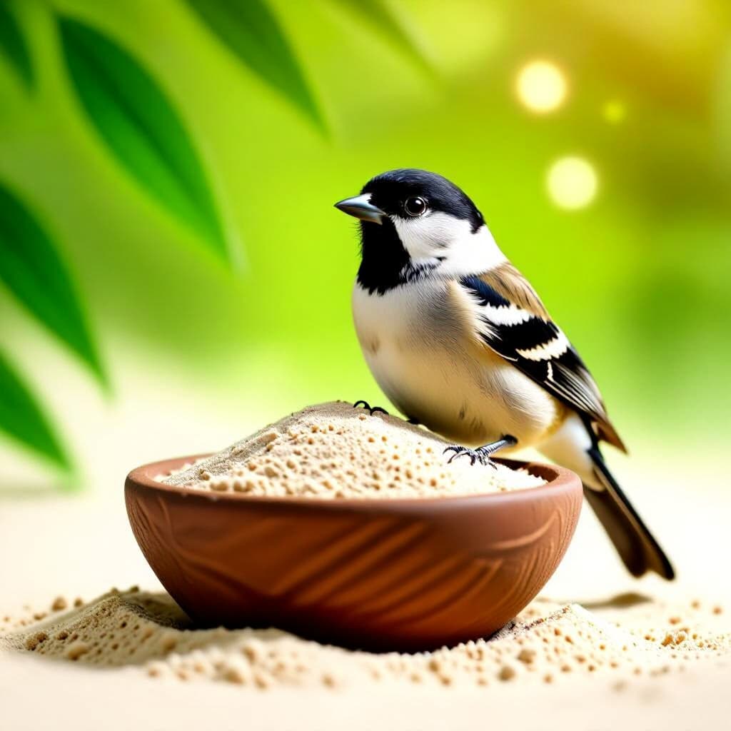 AI generated image: picture about bird care. picture style: comic natural wearoff using natural sand, high quality, deta
