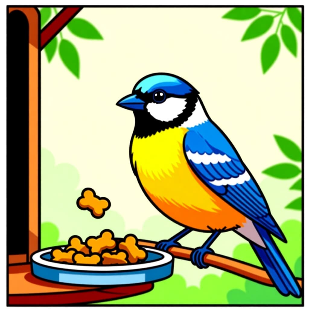 AI generated image: picture about bird care. picture style: comic using treat timing s m, high quality, detailed