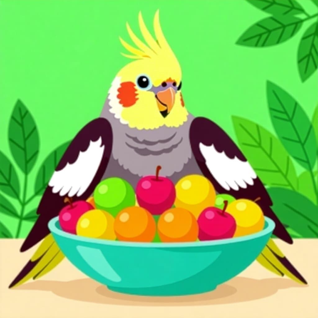 AI generated cockatiel: picture about bird care. picture style: comic cockatiel nutrientrich fruit treats s m, high quality,