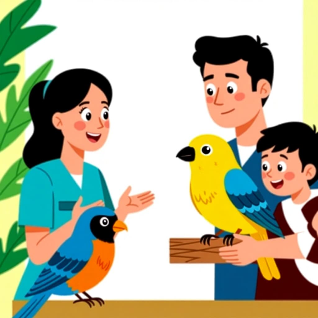 AI generated image: picture about bird care. picture style: comic reluctant responsive troubleshooting s m, high quality