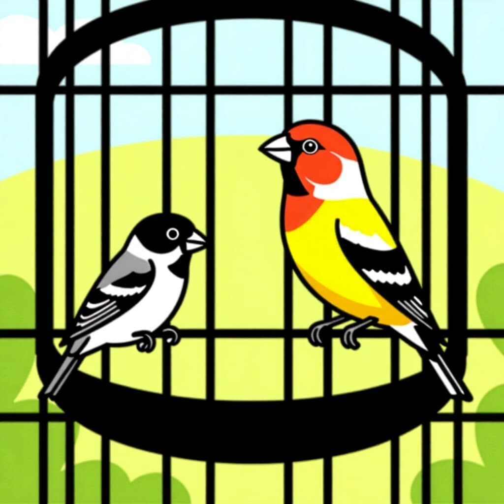 AI generated finch: picture about bird care. picture style: comic finch cage bar spacing s m, high quality, detailed