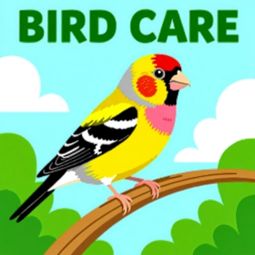 AI generated finch: picture about bird care. picture style: comic pet finch stepbystep guide reading s m, high quality, 