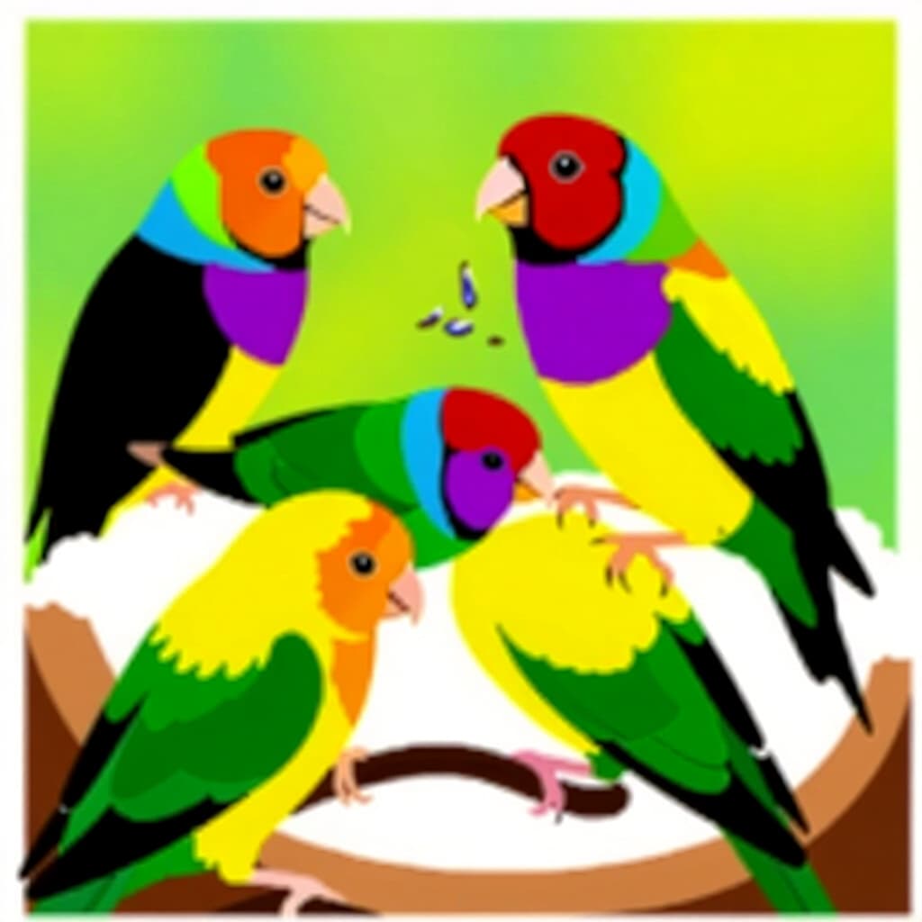 AI generated finch: picture about bird care. picture style: comic molting gouldian finches s m, high quality, detailed