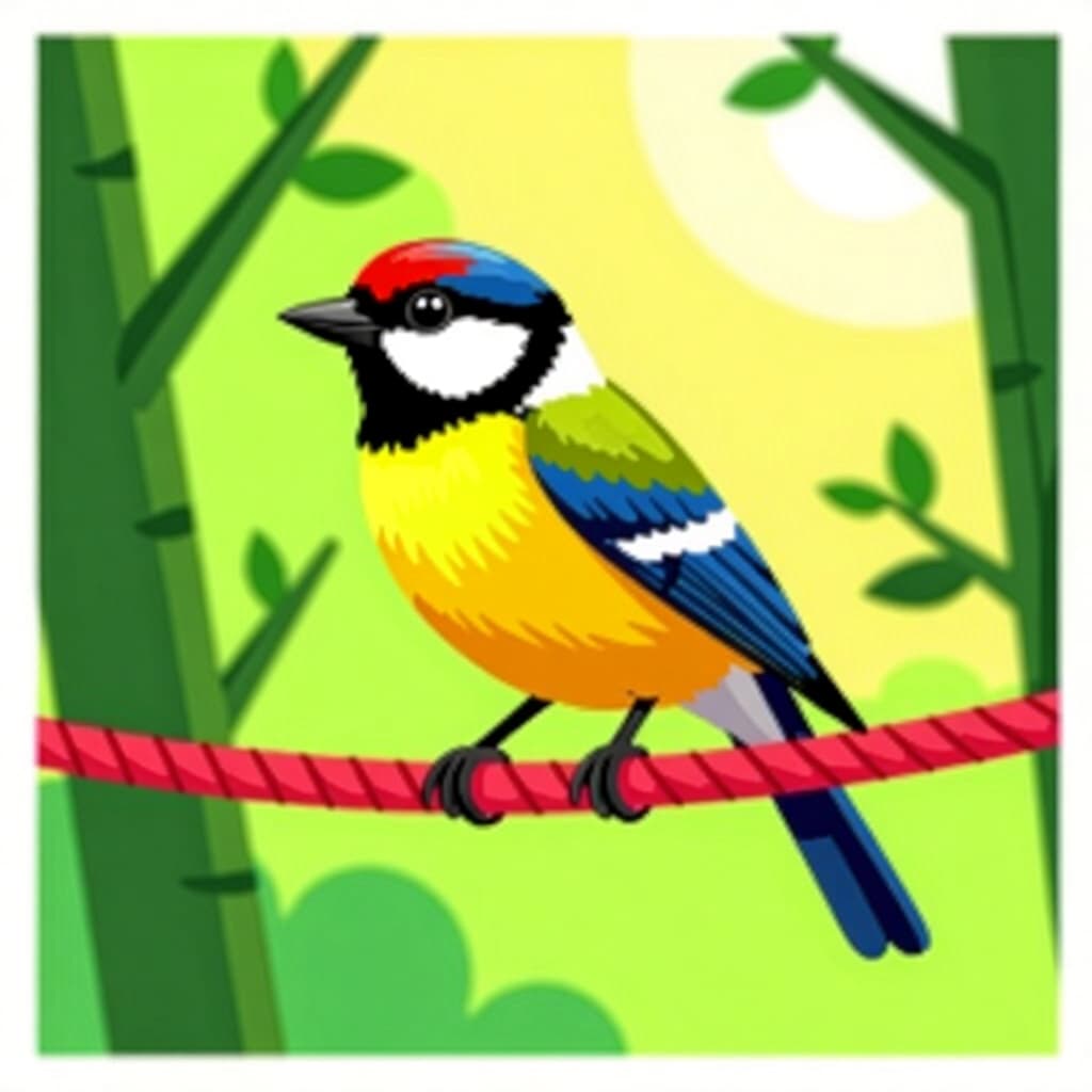 AI generated画像：鳥の飼育に関する画像。画像スタイル：コミックの止まり木と棒の使用、高品質、詳細