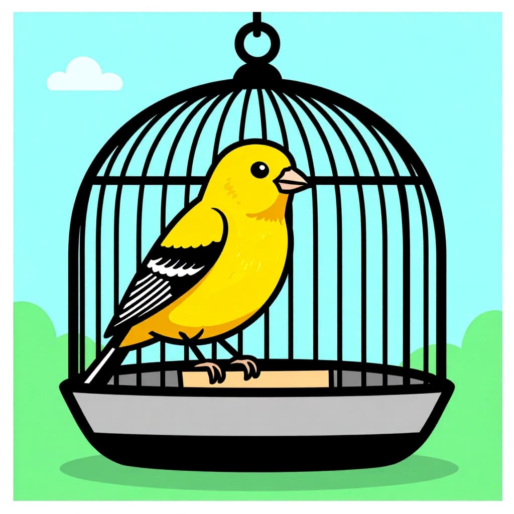 AI generated canary: picture about bird care. picture style: comic canary building ideal cage s m, high quality, detailed