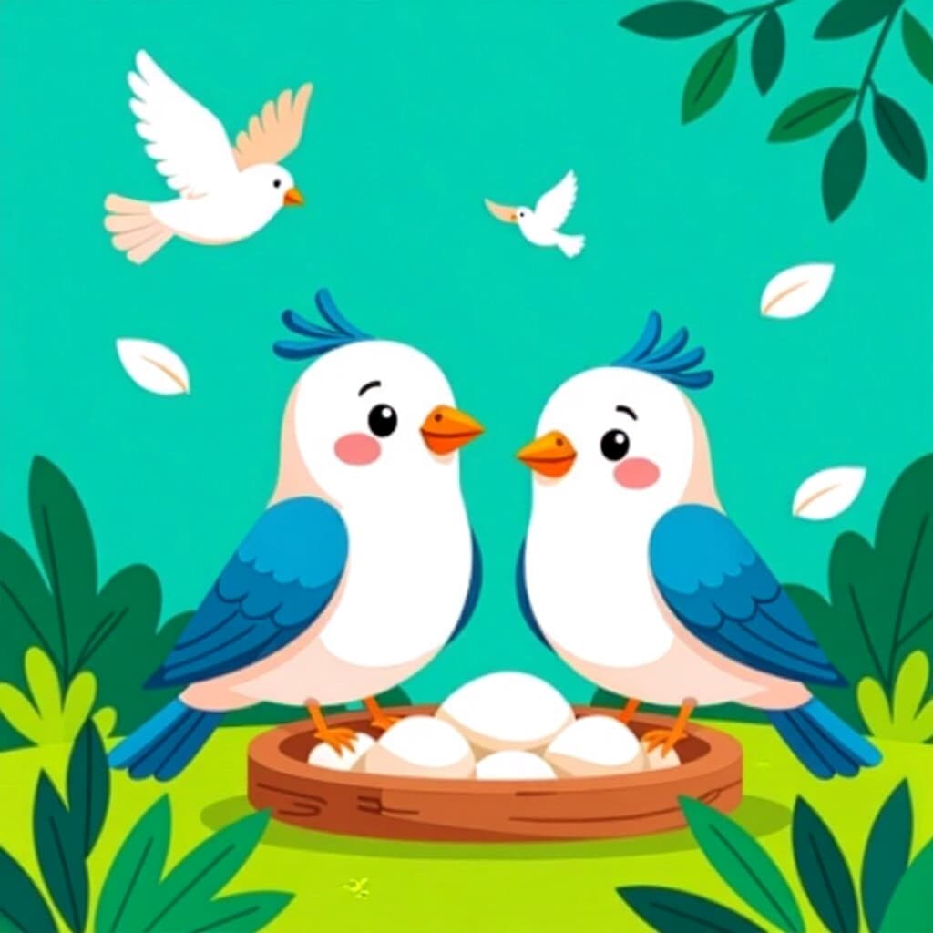 AI generated birds: picture about bird care. picture style: comic birds creating calm environment s m, high quality, det
