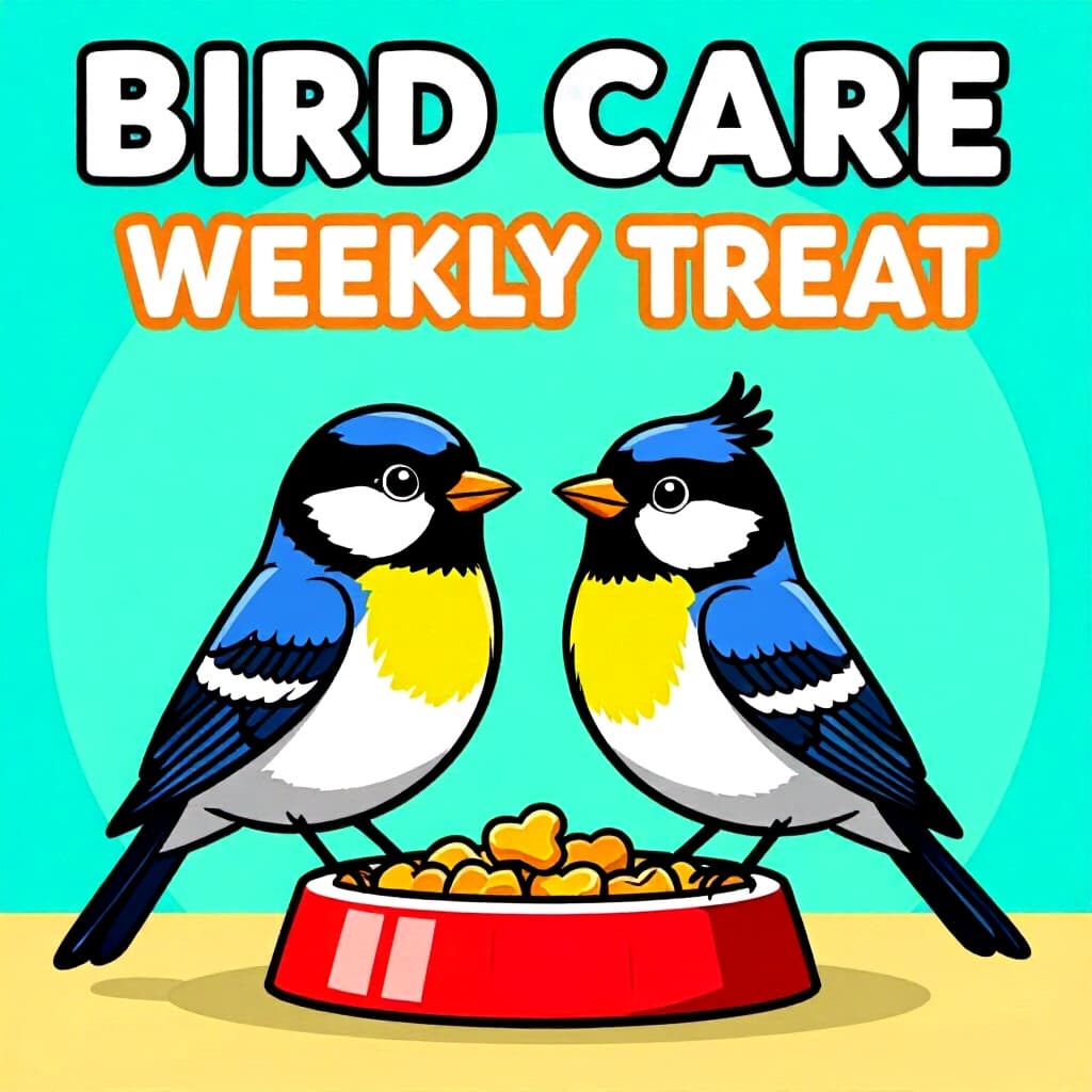 AI generated bird: picture about bird care. picture style: comic bird conduct weekly treat s m, high quality, detailed