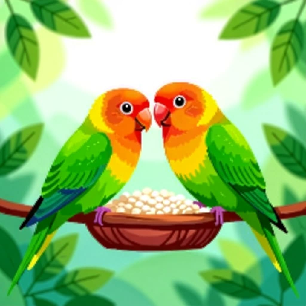 AI generated birds: picture about bird care. picture style: comic breeding lovebirds home s m, high quality, detailed