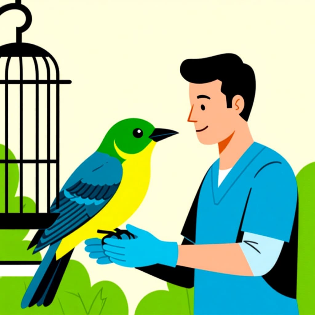 AI generated image: picture about鳥のお世話に関する画像。画像スタイル: コミック安全に気管洗浄を行う、高品質、詳細