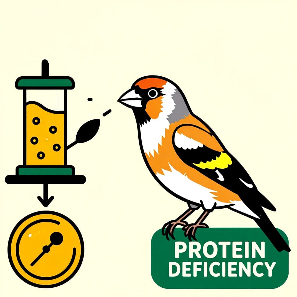 AI generated finch: picture about bird care. picture style: comic finch spotting protein deficiency s m, high quality, d