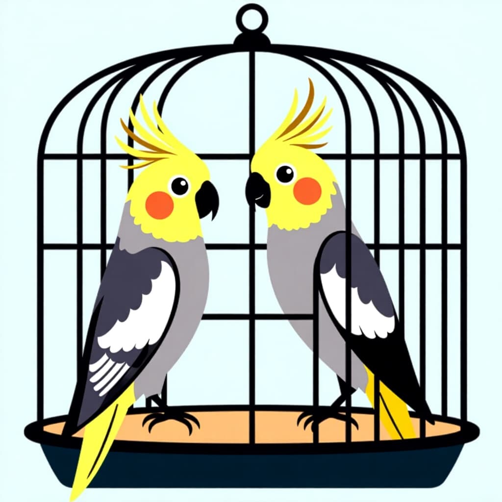 AI generated cockatiel: picture about bird care. picture style: comic cockatiel choosing ideal cage s m, high quality, detai