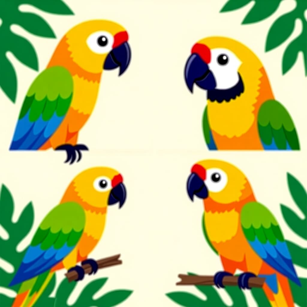 AI generated parrots: picture about bird care. picture style: comic parrots stepbystep clicker shaping s m, high quality, 