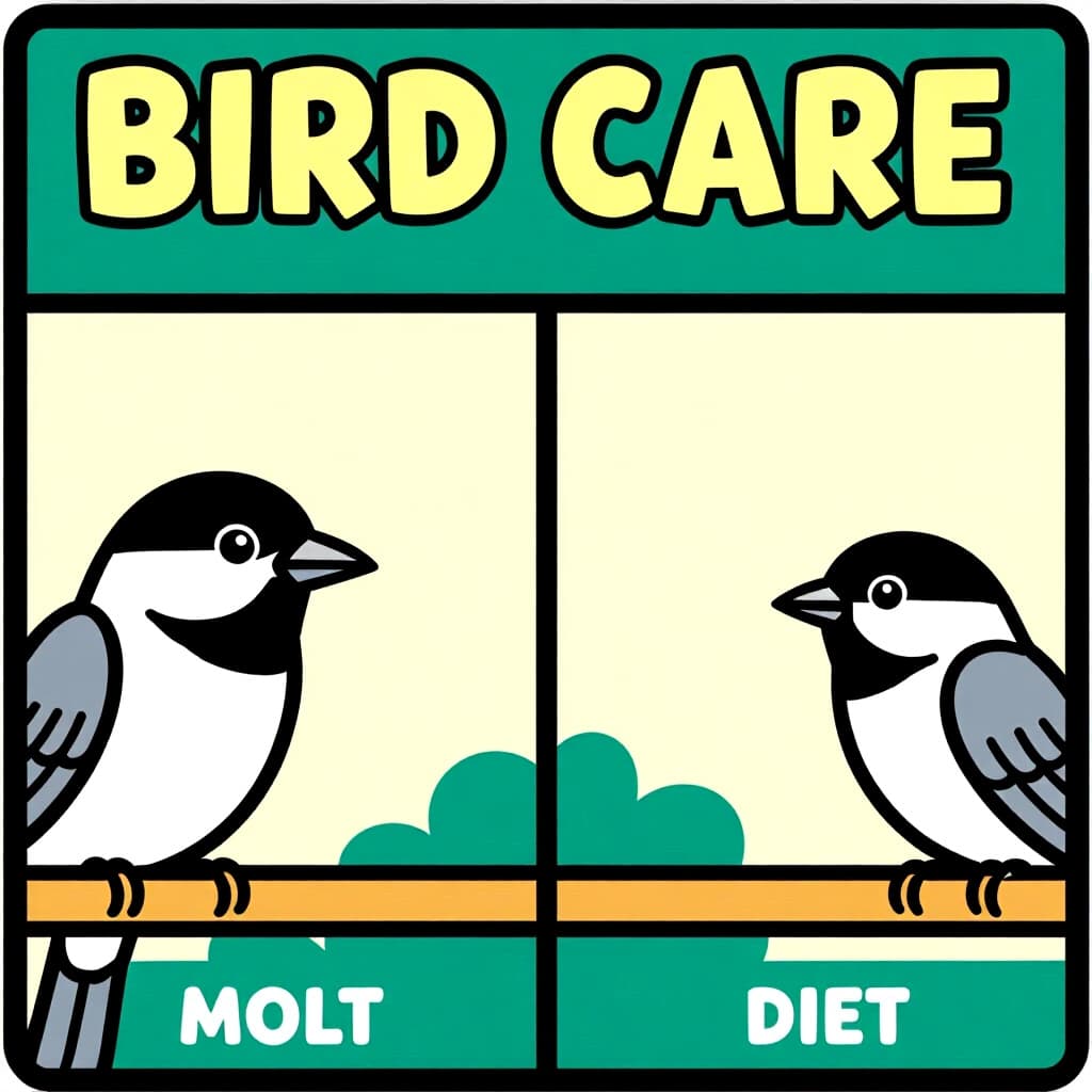 AI generated画像: 鳥のケアに関する絵。絵のスタイル: コミック 完全な換羽フレンドリーな食事 S M、高品質、詳細