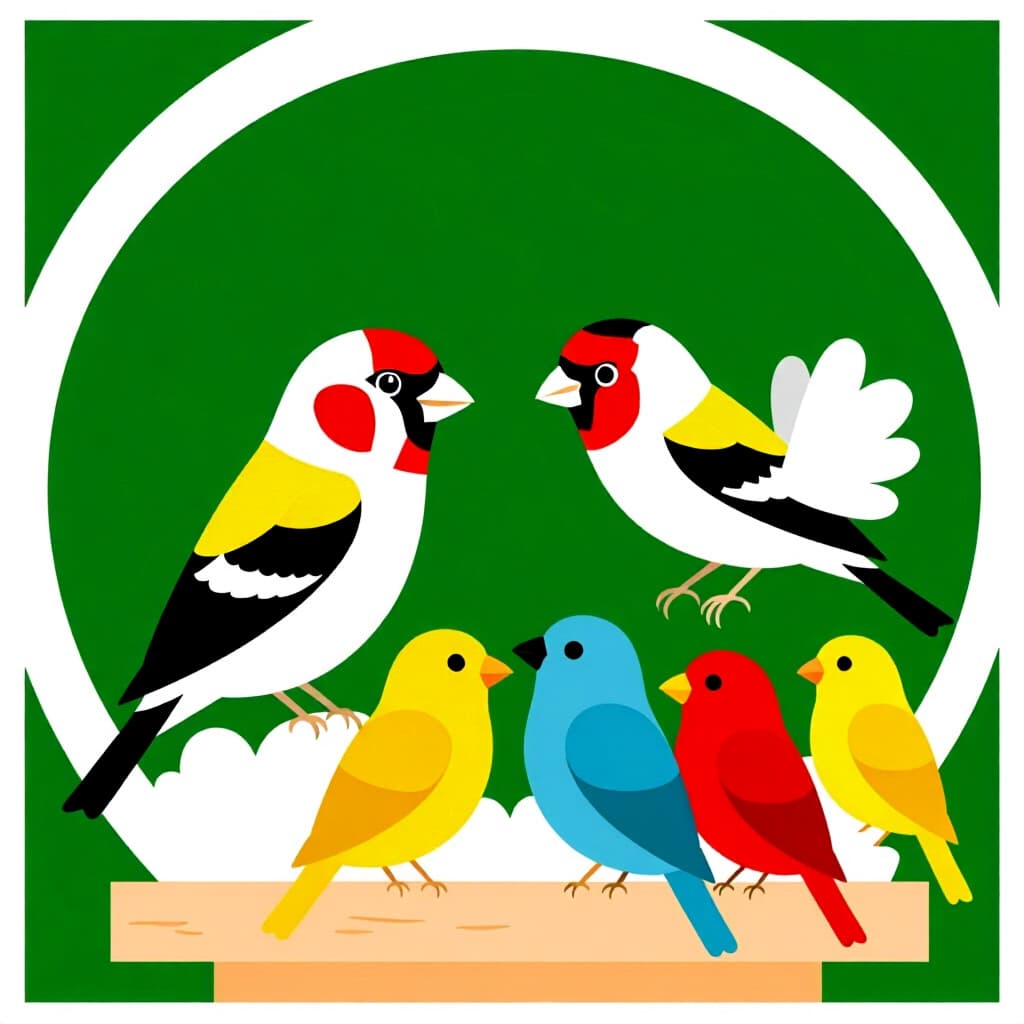 AI generated bird: picture about bird care. picture style: comic finch managing multibird society s m, high quality, de