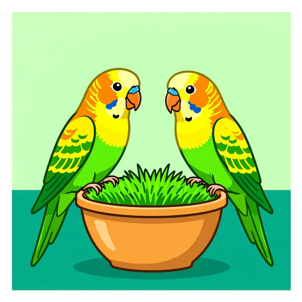 AI generated image: picture about bird care. picture style: comic balanced nutrition grassparakeets s m, high quality, d