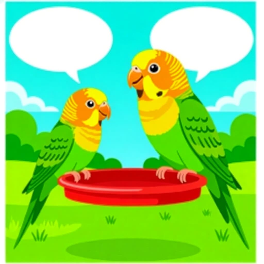 AI generated image: picture about bird care. picture style: comic training grassparakeet talk s m, high quality, detaile