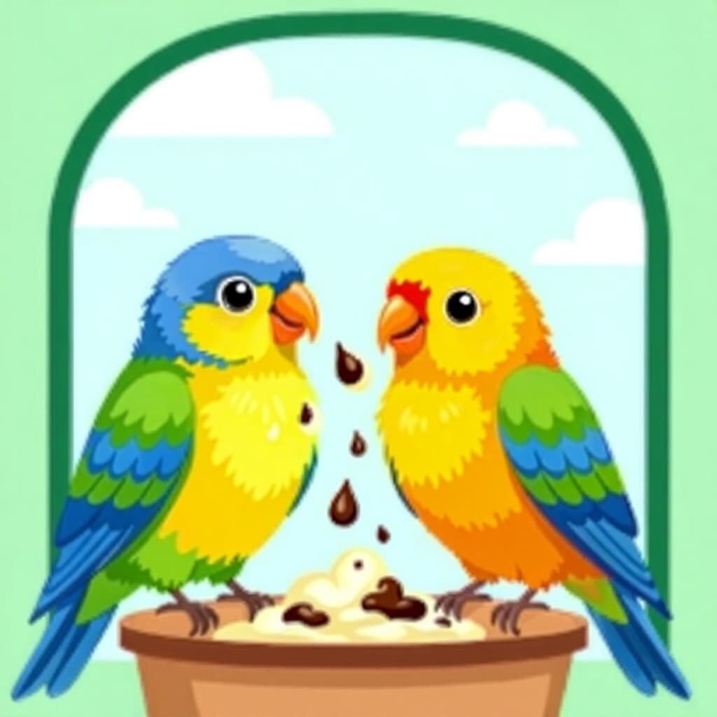 AI generated birds: picture about bird care. picture style: comic pet birds interpreting abnormal droppings s m, high qu