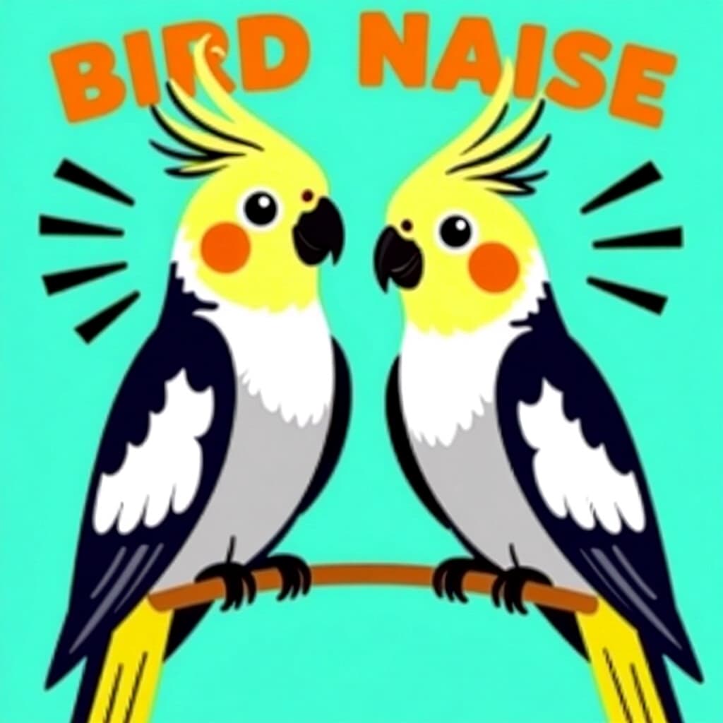 AI generated cockatiel: picture about bird care. picture style: comic cockatiel noise levels compared s m, high quality, det