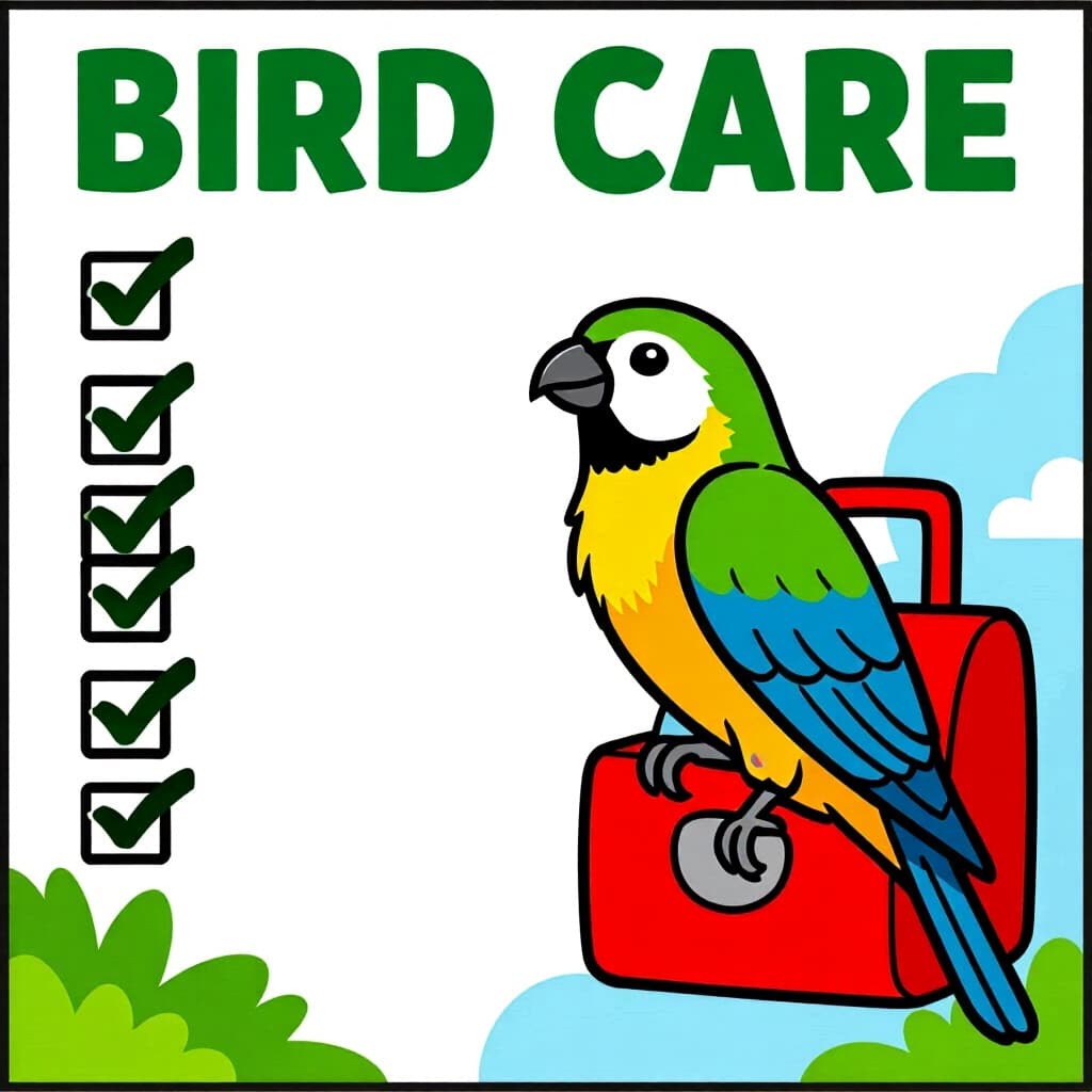 AI generated bird: picture about bird care. picture style: comic bird travel checklist safeguarding s m, high quality, 