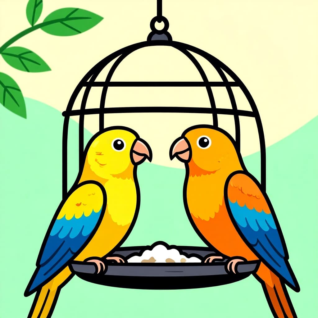 AI generated image: picture about bird care. picture style: comic creating lowstress aviary s m, high quality, detailed