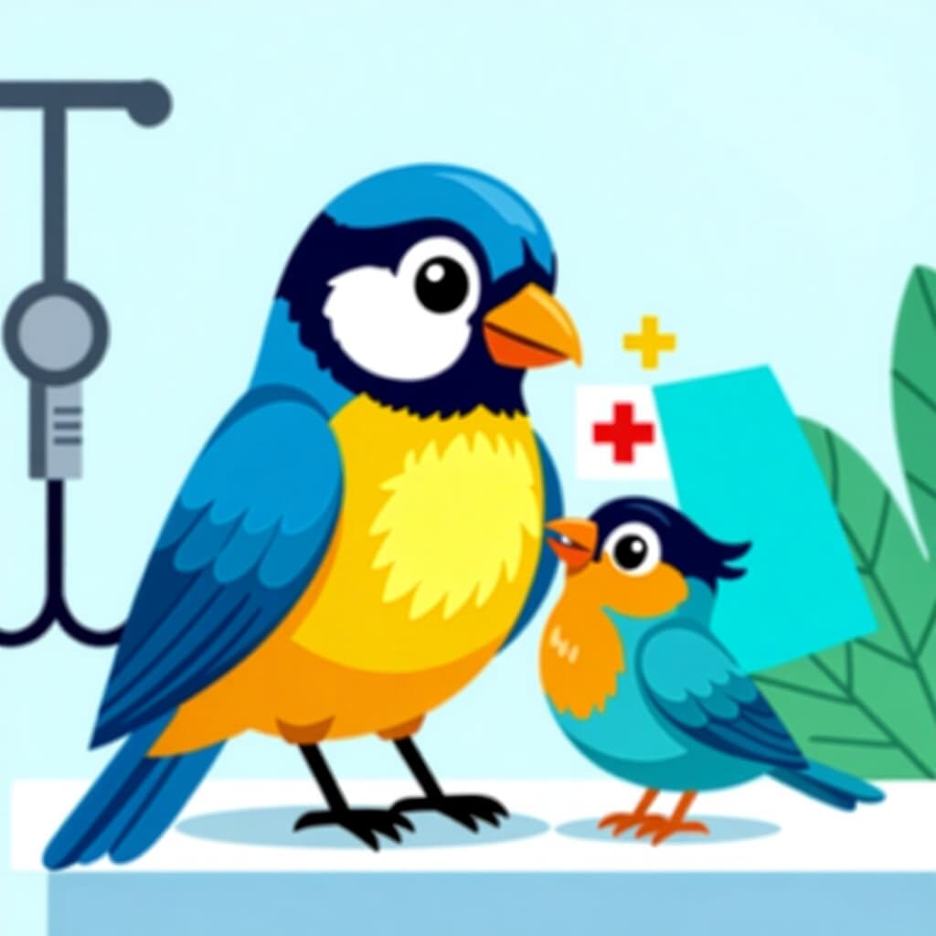 AI generated bird: picture about bird care. picture style: comic bird preparing small vet s m, high quality, detailed