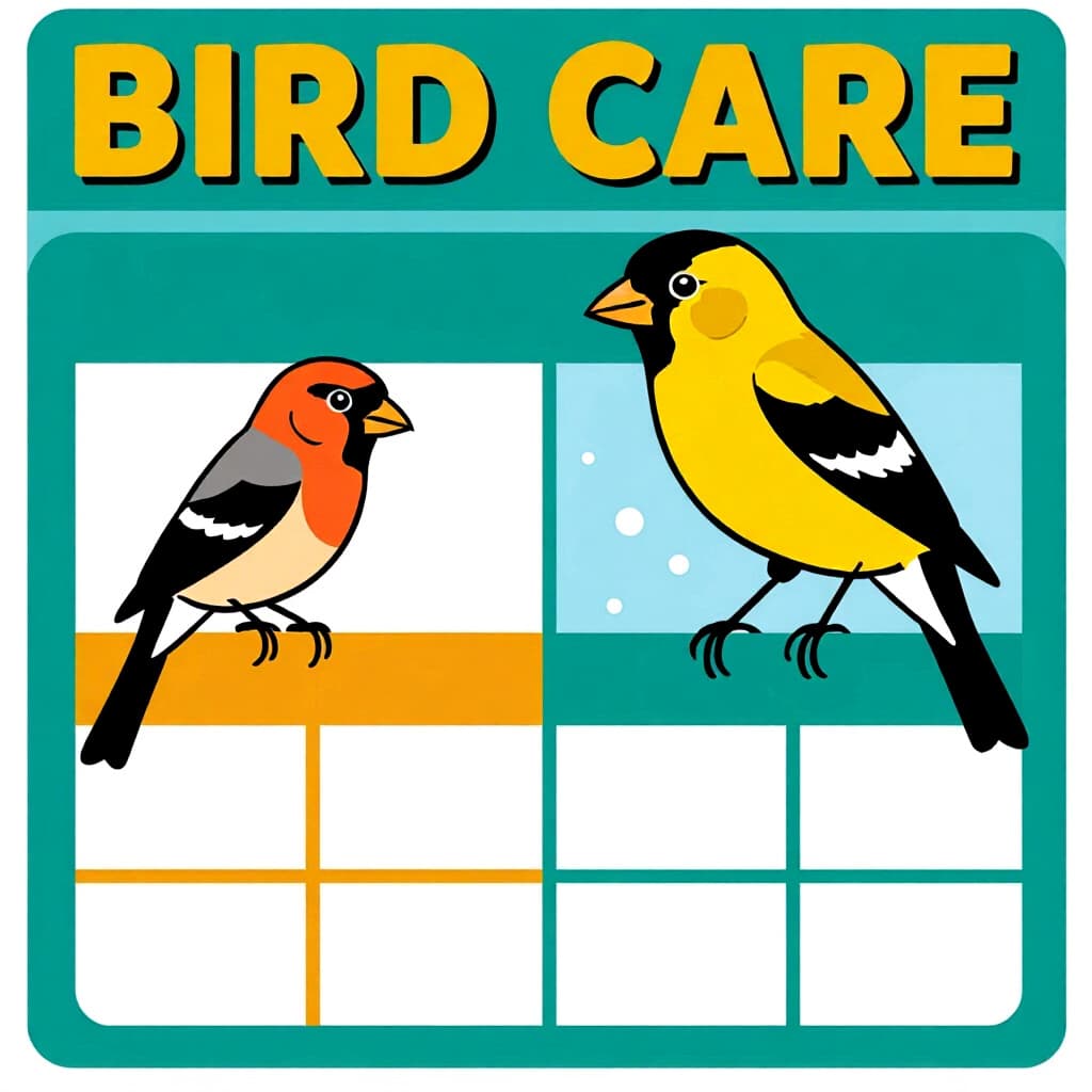 AI generated finch: picture about bird care. picture style: comic finch seasonal cleaning calendar s m, high quality, de
