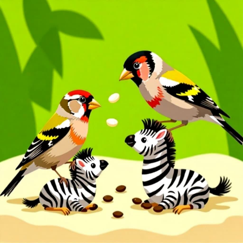 AI generated finch: picture about bird care. picture style: comic finch feeding zebra chicks s m, high quality, detailed
