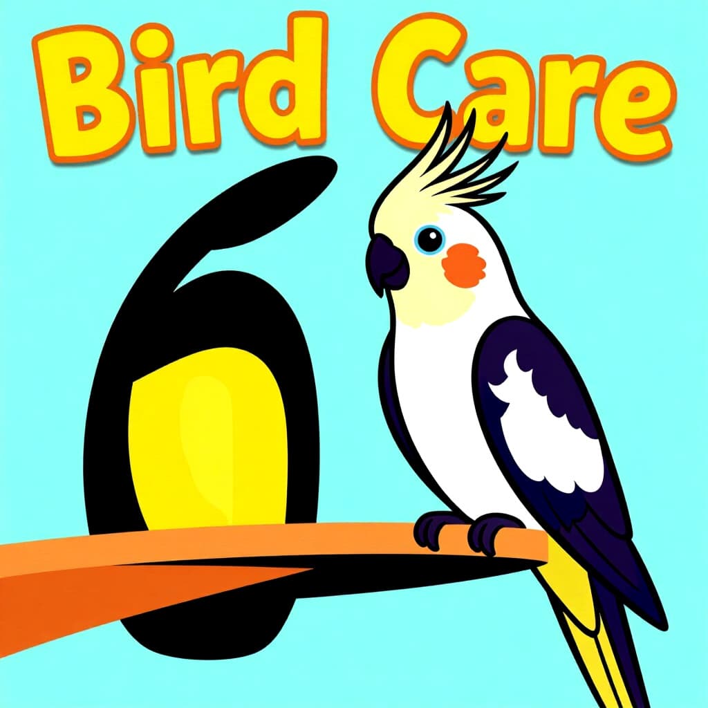 AI generated cockatiel: picture about bird care. picture style: comic cockatiel set temporary boarding s m, high quality, de