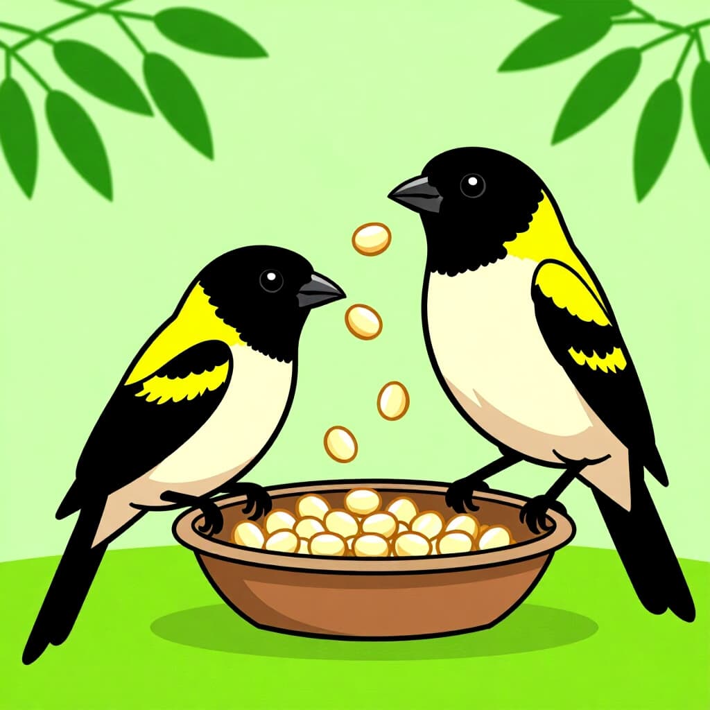 AI generated image: picture about bird care. picture style: comic feeding blackfaced munia s m, high quality, detailed