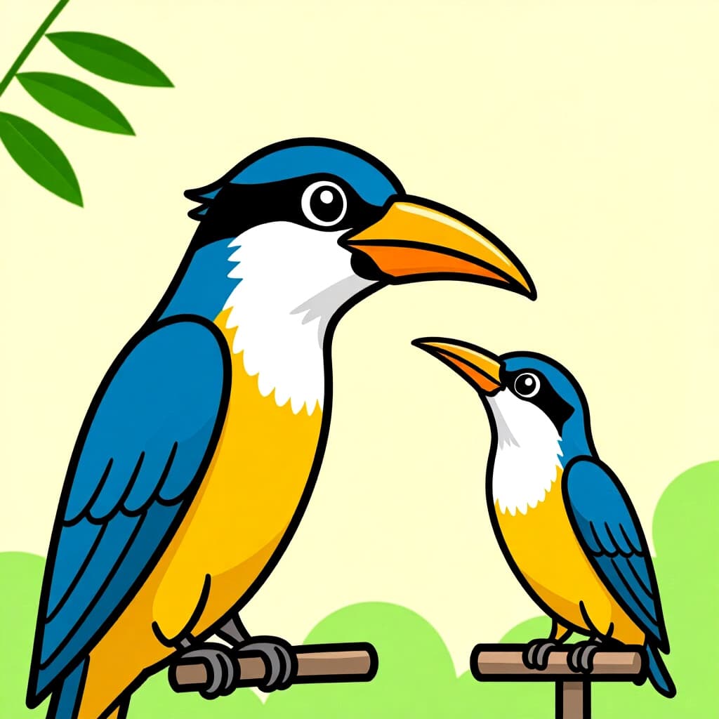 AI generated画像: 鳥のケアに関する画像。画像スタイル: 漫画風、嘴の特定と治療、高品質、詳細