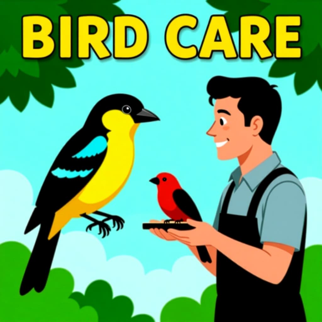 AI generated image: picture about bird care. picture style: comic recall cue building s m, high quality, detailed