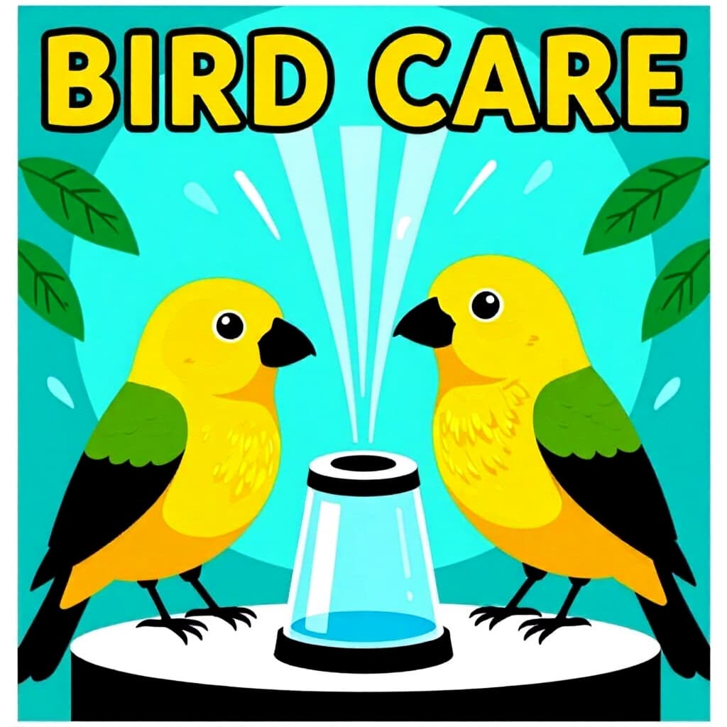 AI generated birds: picture about bird care. picture style: comic birds integrating humidity boosters s m, high quality,