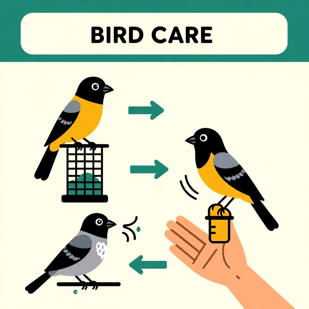 AI generated image: picture about bird care. picture style: comic stepbystep guide handtaming s m, high quality, detaile