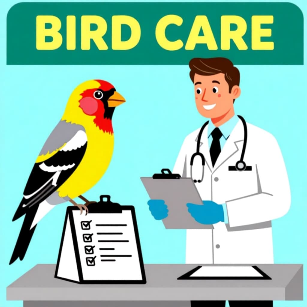 AI generated finch: picture about bird care. picture style: comic finch veterinarians checklist spotting s m, high quali