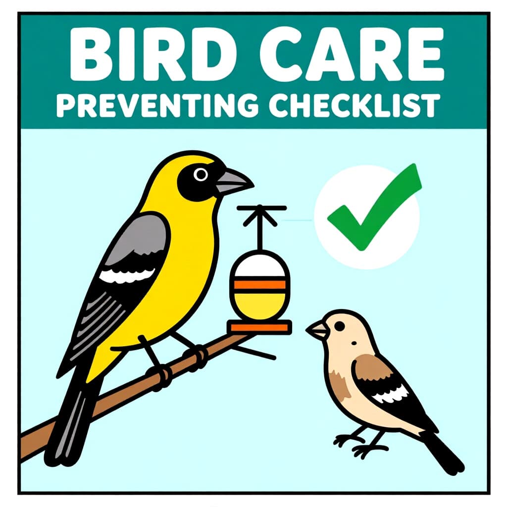 AI generated image: picture about bird care. picture style: comic ultimate checklist preventing s m, high quality, detai