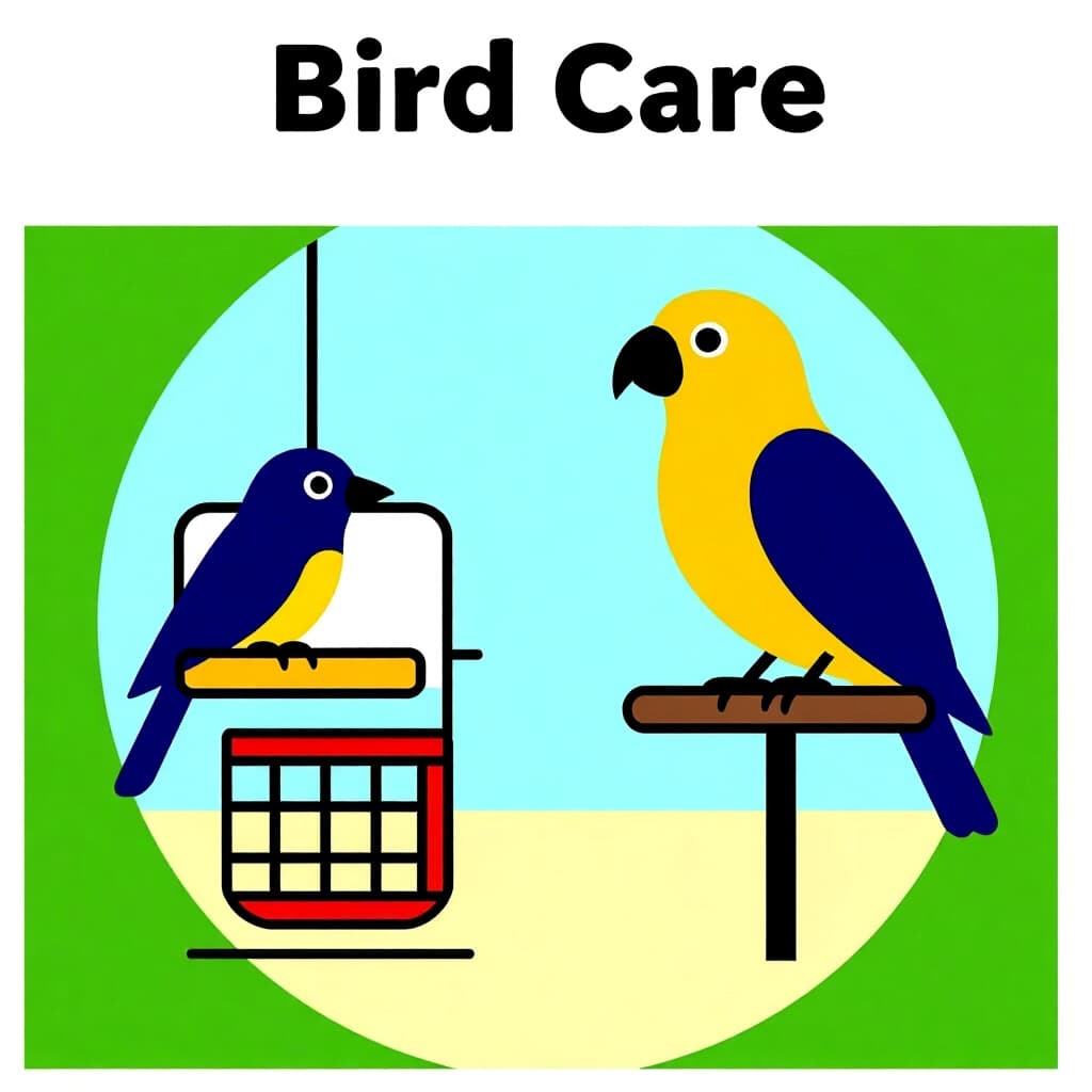 AI generated画像: 鳥のケアに関する絵。絵のスタイル: コミック環境エンリッチメント設計図 s m、高品質、