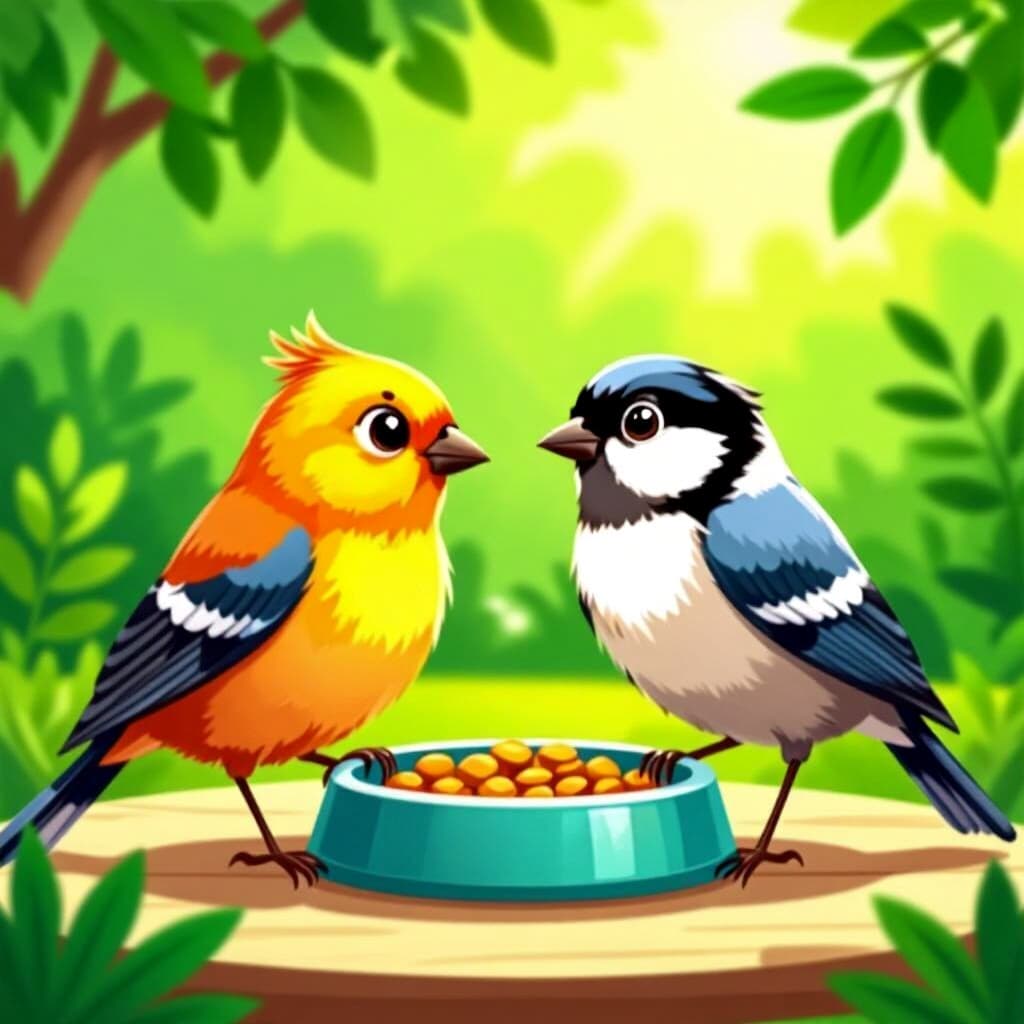 AI generated image: picture about bird care. picture style: comic feeding trust using s m, high quality, detailed
