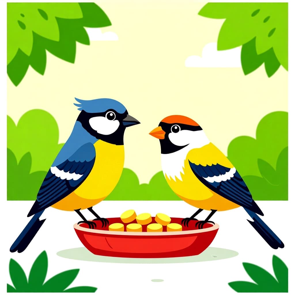 AI generated画像：鳥の世話に関する絵。絵のスタイル：コミック給餌の基本バランスの取れたS M、高品質、詳細