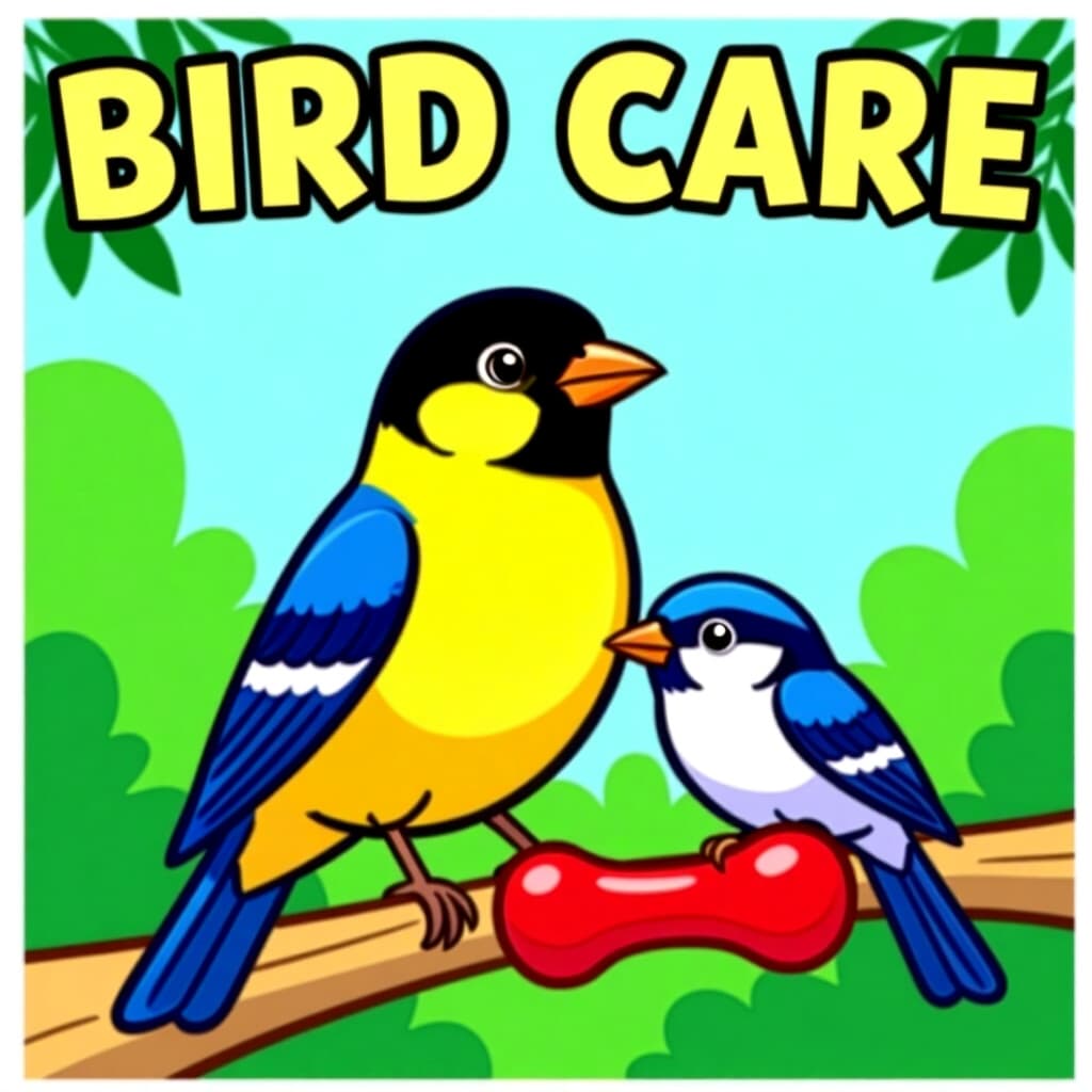 AI generated image: picture about bird care. picture style: comic using safe chewing s m, high quality, detailed