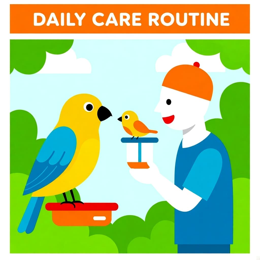 AI generated image: picture about bird care. picture style: comic daily care routine s m, high quality, detailed