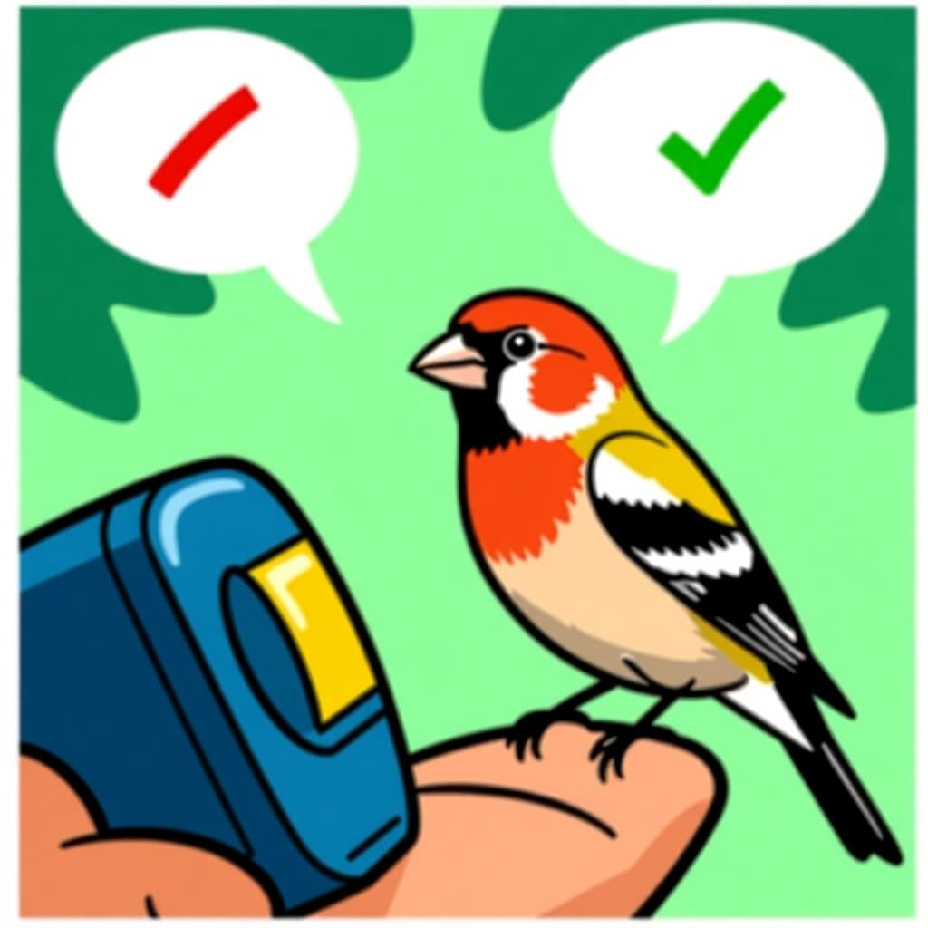 AI generated finch: picture about bird care. picture style: comic finch troubleshooting clicker apathy s m, high quality