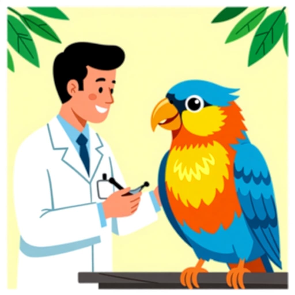 AI generated image: picture about bird care. picture style: comic seek veterinarian beak s m, high quality, detailed