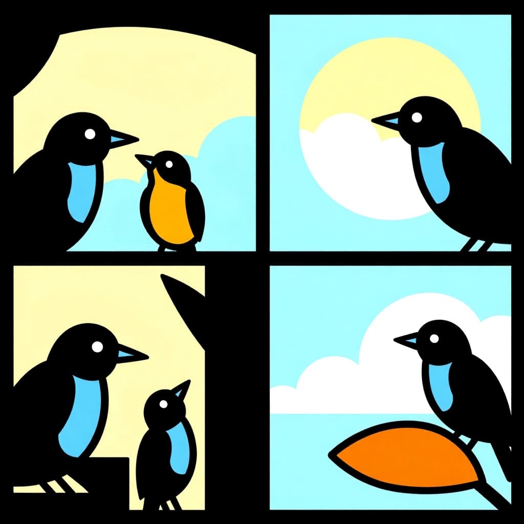 AI generated画像: 鳥のケアに関する絵。絵のスタイル: 進捗管理コミック、高品質、詳細