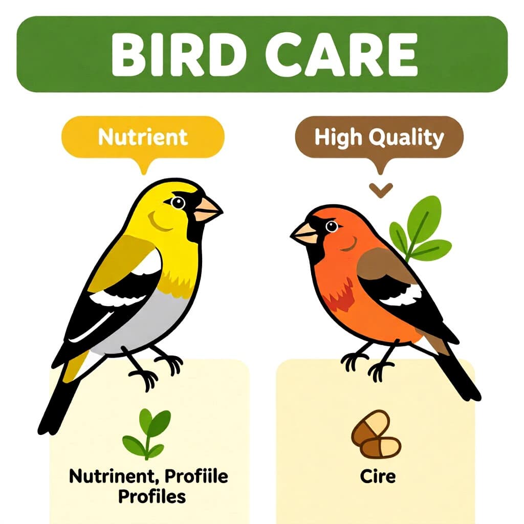 AI generated finch: picture about bird care. picture style: comic finch comparing nutrient profiles s m, high quality, d