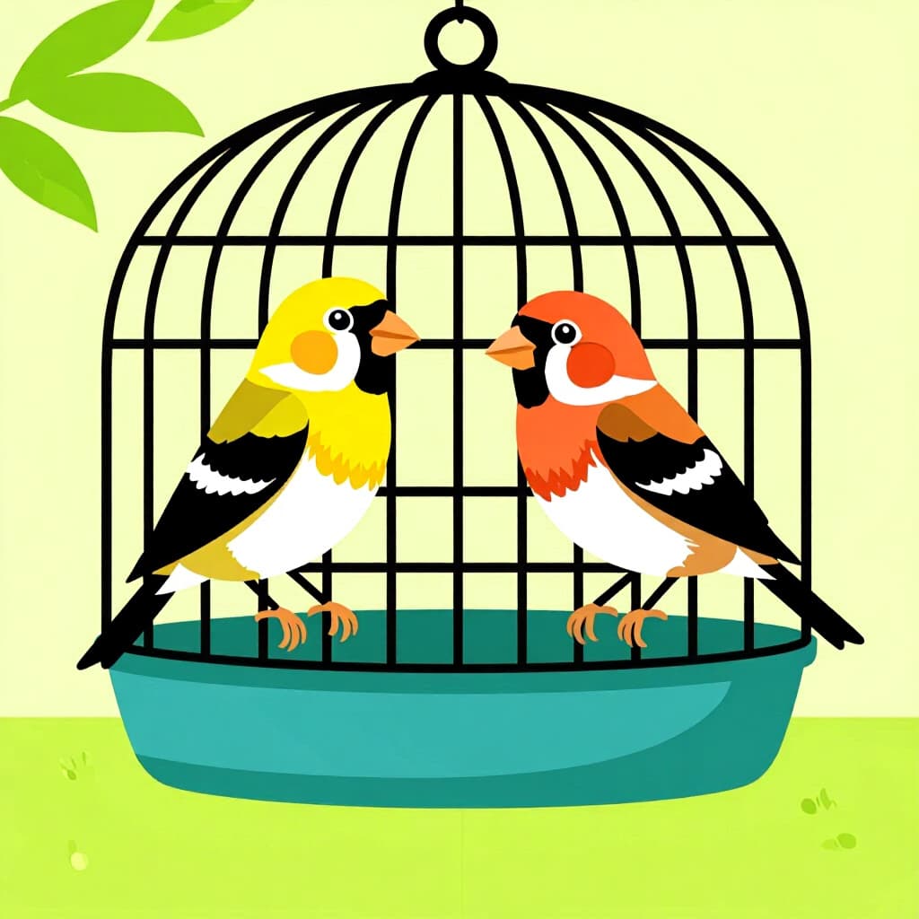 AI generated finch: picture about bird care. picture style: comic finch cage companion stepbystep s m, high quality, det