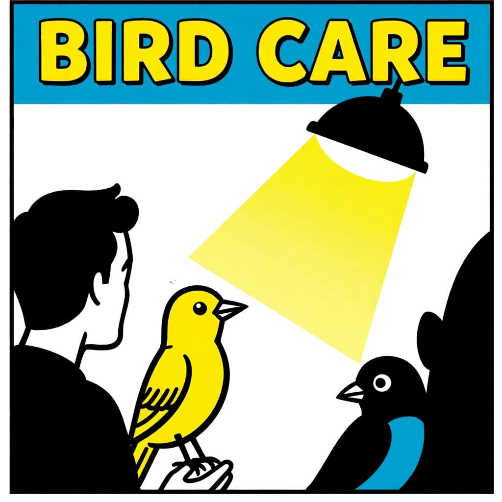 AI generated image: picture about bird care. picture style: comic detecting early signs s m, high quality, detailed