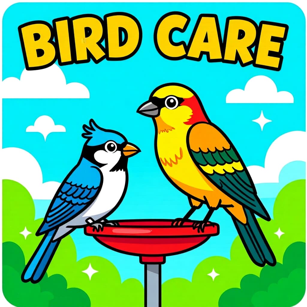 AI generated画像: 鳥の飼育に関する絵。絵のスタイル: コミック空間が重要デザインS M、高品質、詳細