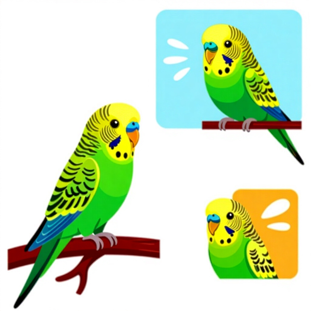 AI生成画像:鳥のケアに関する絵。絵のスタイル:コミック紹介 セキセイインコの体の理解、高品質